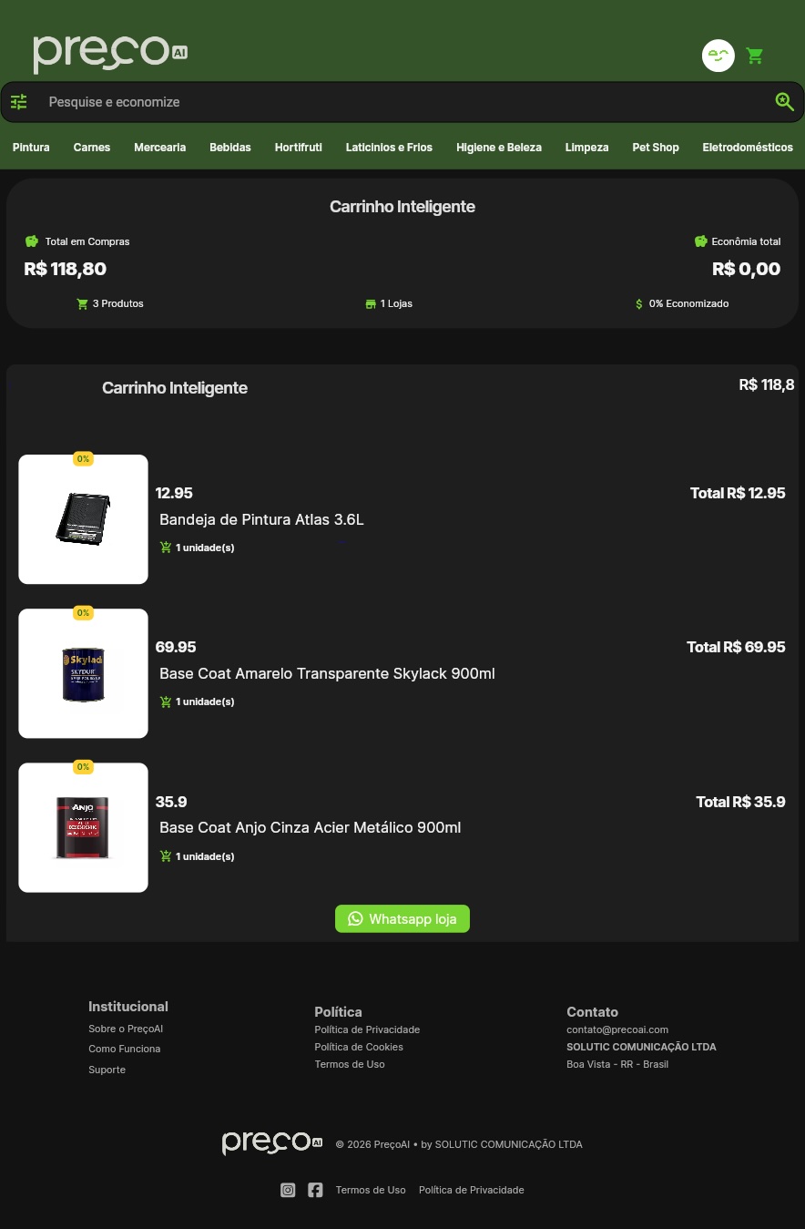 Tela do carrinho inteligente no app PreçoAI.